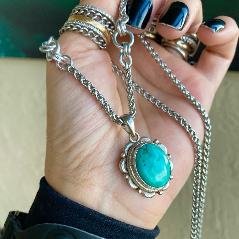925 sterling silver turquoise charm on stainless steel chain necklace boho stone - Picture 6 of 15